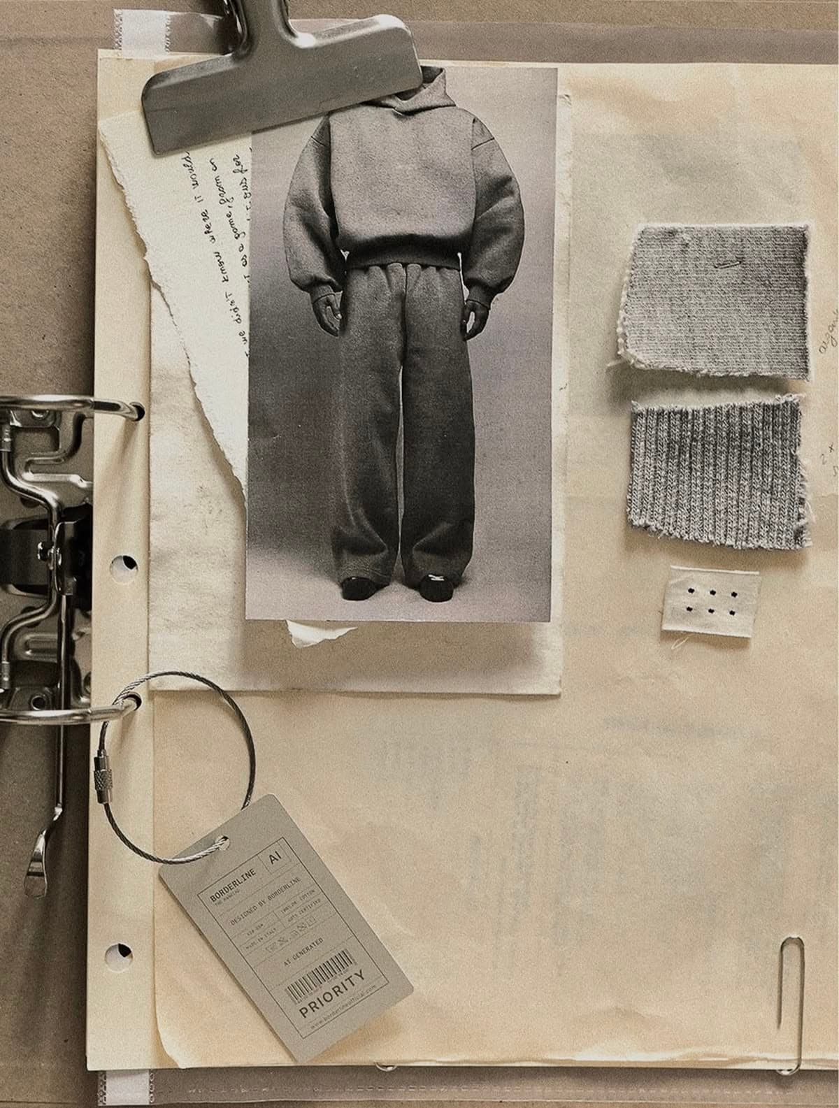 A kraft research binder spread open: a clipped garment photograph, fabric swatches and handwritten notes