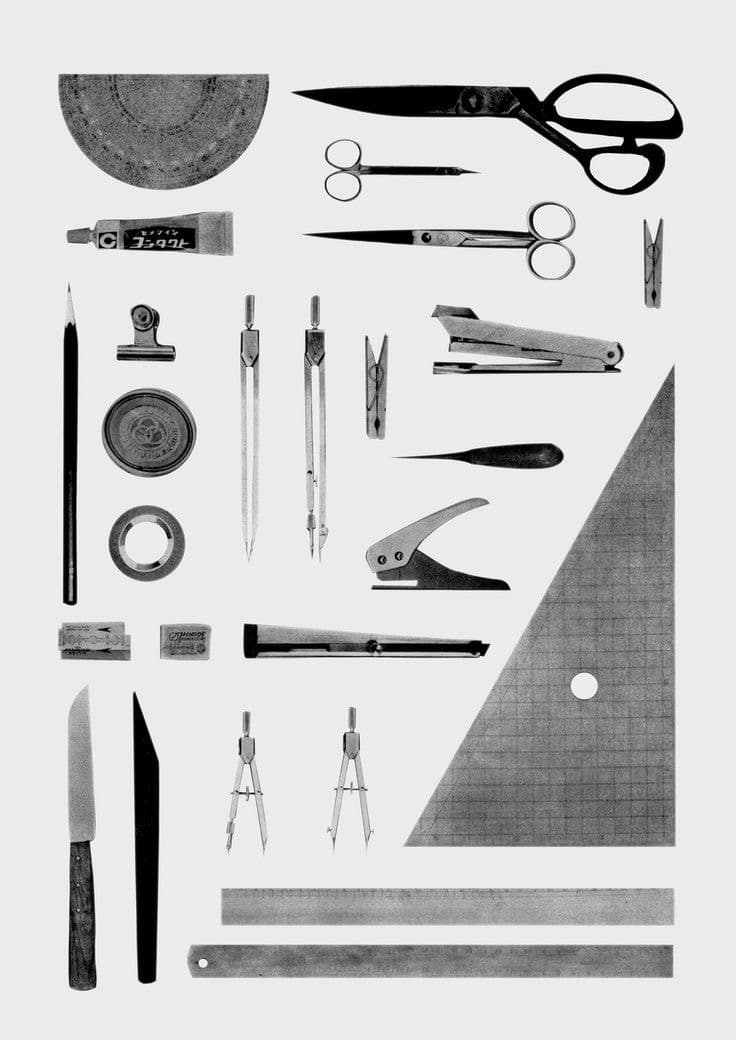 A photogram plate of tailoring tools: shears, compasses, a set square and rulers